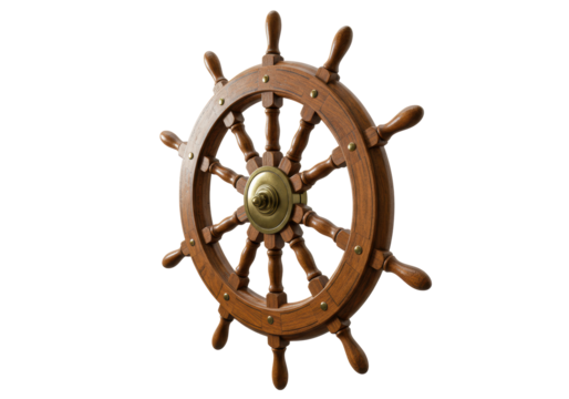 An antique wooden ship's helm, intricately carved and polished, rich aged tone, isolated against a transparent studio background with copy space, bright even lighting, 3/4 view, maritime heritage and