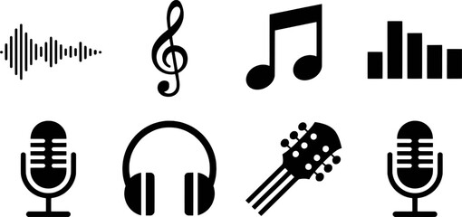Obraz premium Music icons sound wave treble clef note equalizer microphone headphones guitar vector