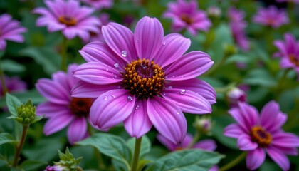 Obraz premium a field of vibrant purple flowers, their petals gleaming with raindrops, creating a carpet of color against the backdrop of nature.