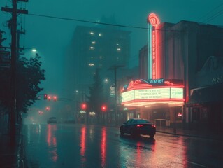 Rainy night scene of a city street with a retro-style movie theater glowing in neon lights.