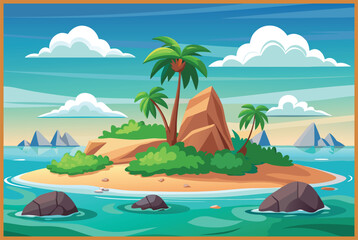 beach and sea, Island in ocean, uninhabited isle with beach, palm trees and rocks surrounded with sea water and cloudy sky above. Tropical landscape, no people Cartoon vector 