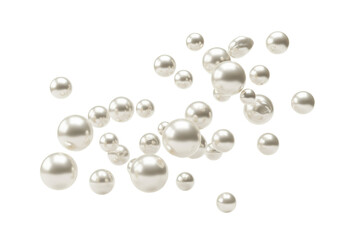 Dynamic scattering of iridescent white pearls of varying sizes, subtly shimmering and perfectly spherical, floating on a clean white background with copy space, concept of refined luxury