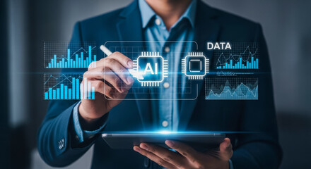 Businessman analyzing data and artificial intelligence components on a digital tablet, showcasing advanced technology and analytical insights