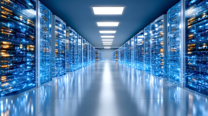 Modern data center featuring rows of illuminated server racks, showcasing advanced technology and sleek, futuristic design. bright lights create vibrant atmosphere, emphasizing high tech