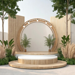 Modern circular stage design with wooden accents and lush greenery for events