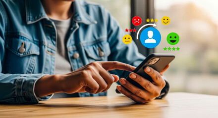 A person holding a smartphone and interacting with a digital interface showing a customer satisfaction rating system with various emoji faces and stars