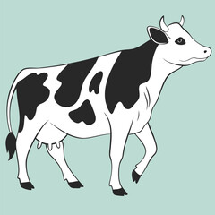 Fototapeta premium Vector art of a black and white spotted cow walks calmly in a field