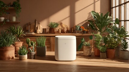 Smart compost bin with organic waste in modern kitchen