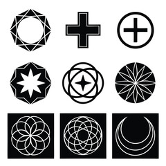 Fototapeta premium Nine Monochrome Geometric Shapes Set Black White Circular Cross Star Flower Forms Pixel Perfect