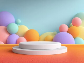 Fototapeta premium 3D Podium with colorful pastel background. geometric shape for product display presentation. Minimal scene for mockup products, stage showcase, promotion display. 3D render.
