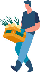 Farmer walking and carrying a wooden crate full of fresh organic vegetables like carrots, parsnips and leeks, wearing gloves and boots, agriculture and healthy food concept