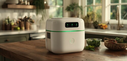 Smart compost bin with organic waste in modern kitchen