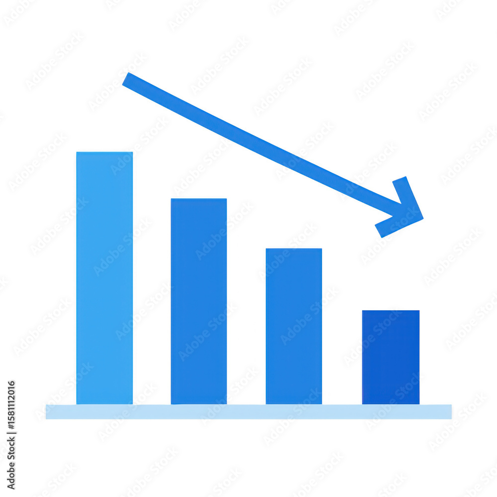 Poster bar chart showing a downward trend with a blue arrow isolated on transparent background