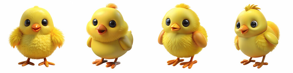 Set for Four adorable cartoon chicks stand together, isolated on transparent background