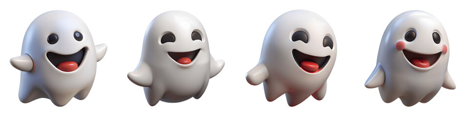 Set for Four cheerful cartoon ghosts float playfully, isolated on transparent background