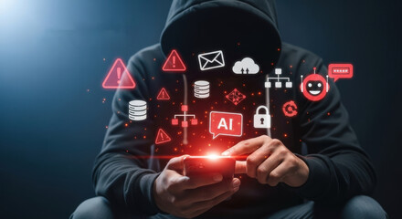 Person in a dark hoodie holding a smartphone with glowing red and white digital icons related to cybersecurity and artificial intelligence
