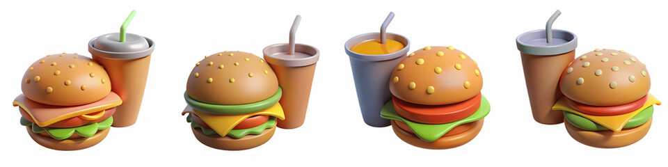 Set for Four burgers and drinks isolated on transparent background are ready to eat