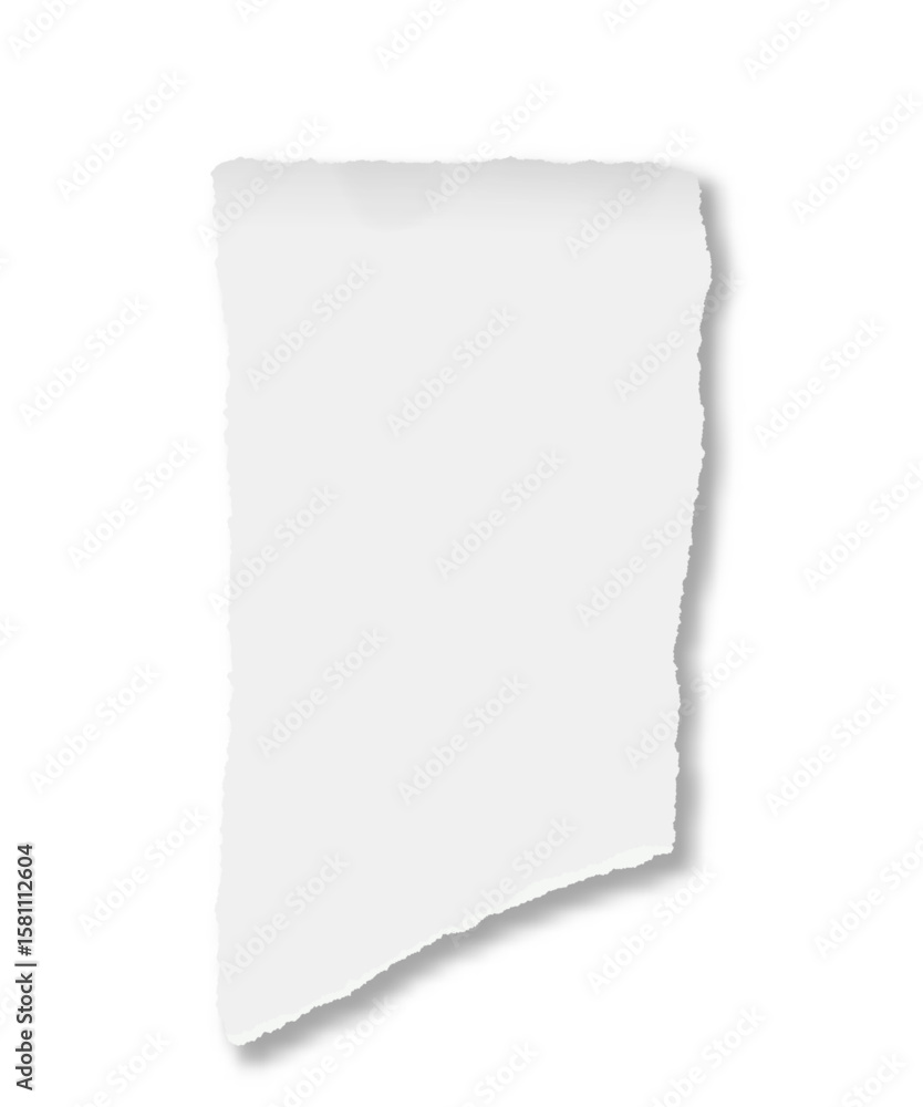 Poster vertical blank white ripped paper with ripped edges and shadow casting on white background, creating