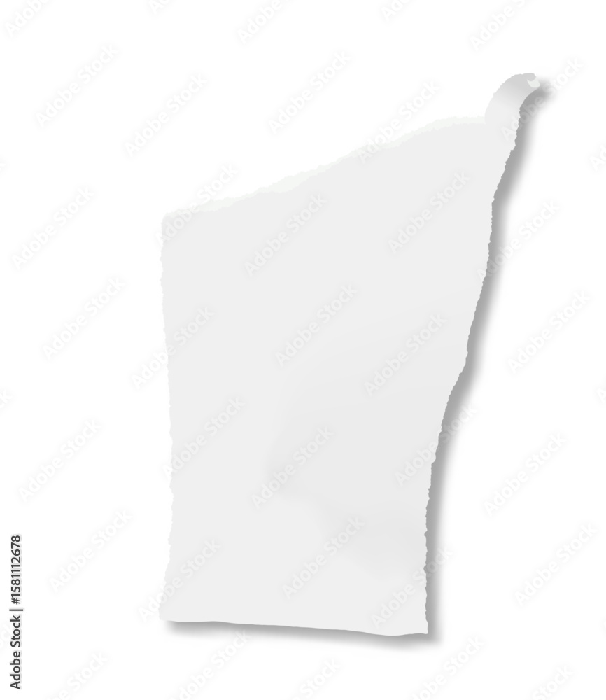 Poster piece of torn white paper with curled corner casting a shadow on a white background, creating a simp