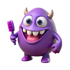 A happy purple monster holds a toothbrush isolated on transparent background