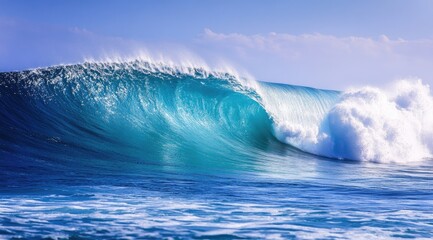 Powerful ocean wave, vibrant turquoise,  white froth, clear sky