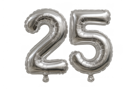 Silver foil number balloons forming twenty-five, floating against transparent backdrop, highlighting milestone celebration decor