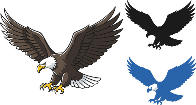 Majestic bald eagle swooping down with spread wings, featuring color variations