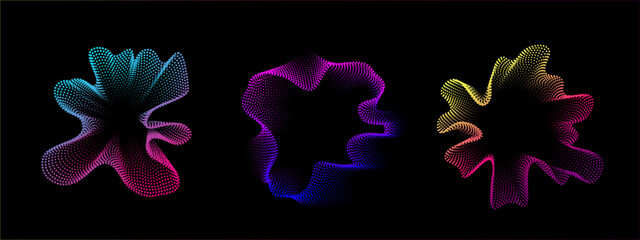 Set of multicolored round abstract sound dots wave oscillations. Sound curve. Digital equalizer. Colorful neon template for music poster and banner. Vector radial spectrum.