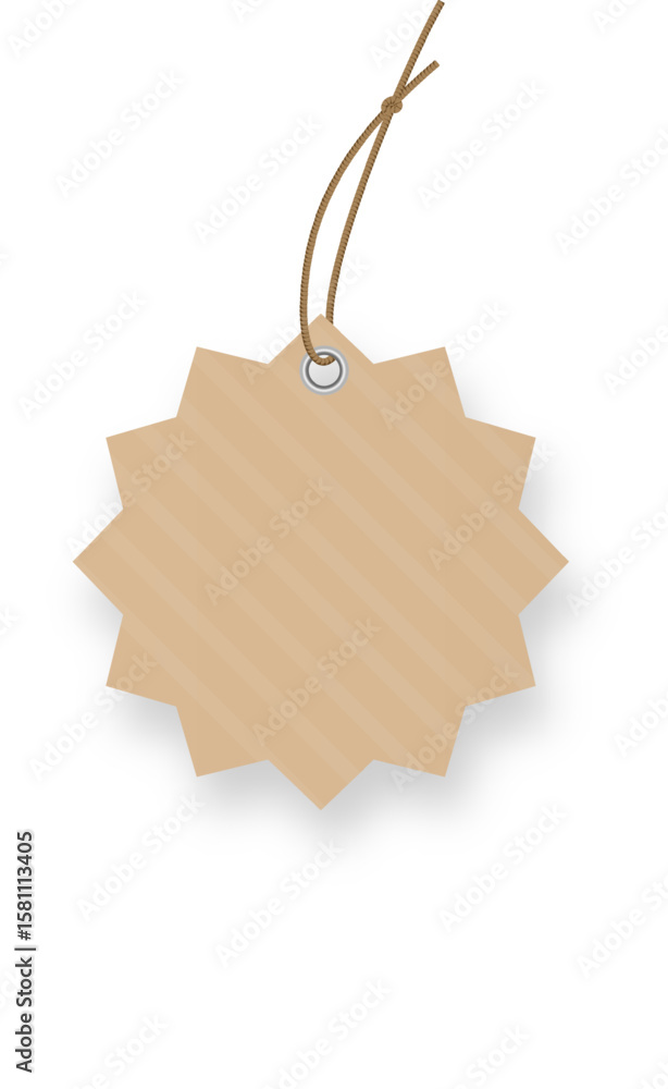 Poster blank star shaped cardboard price tag with stripes hanging from string with knot and metallic eyelet