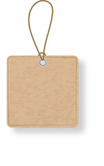 Realistic cardboard price tag hanging from a knotted brown string, isolated against a clean white background, offering ample space for customization and branding opportunities