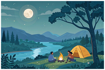 camping in the night on river moon tree people  