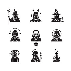 Diverse Archetype Icons Featuring Wizard, Fantasy, and Religious Characters for Creative Design