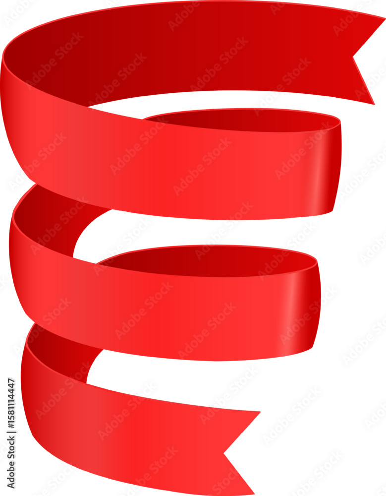 Poster four glossy red ribbons are swirling and creating a vertical spiral shape against a white background