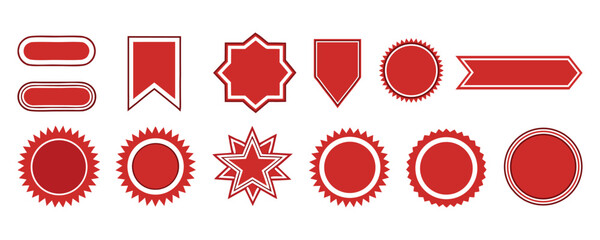 Set of red vector labels and badges. Modern graphic elements like round, star, flag, and rectangular shapes for sale, discount, promotion, e-commerce, and marketing design projects.