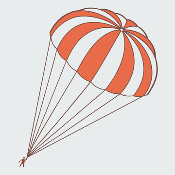 Vector art of a skydiver descends under a large orange and white striped parachute