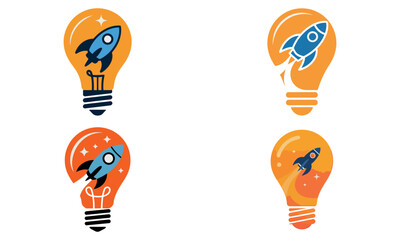 Rocket inside lightbulb icons representing startup innovation and creative idea launch
