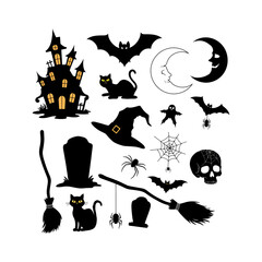 Collection of halloween icons with a haunted house and witch elements