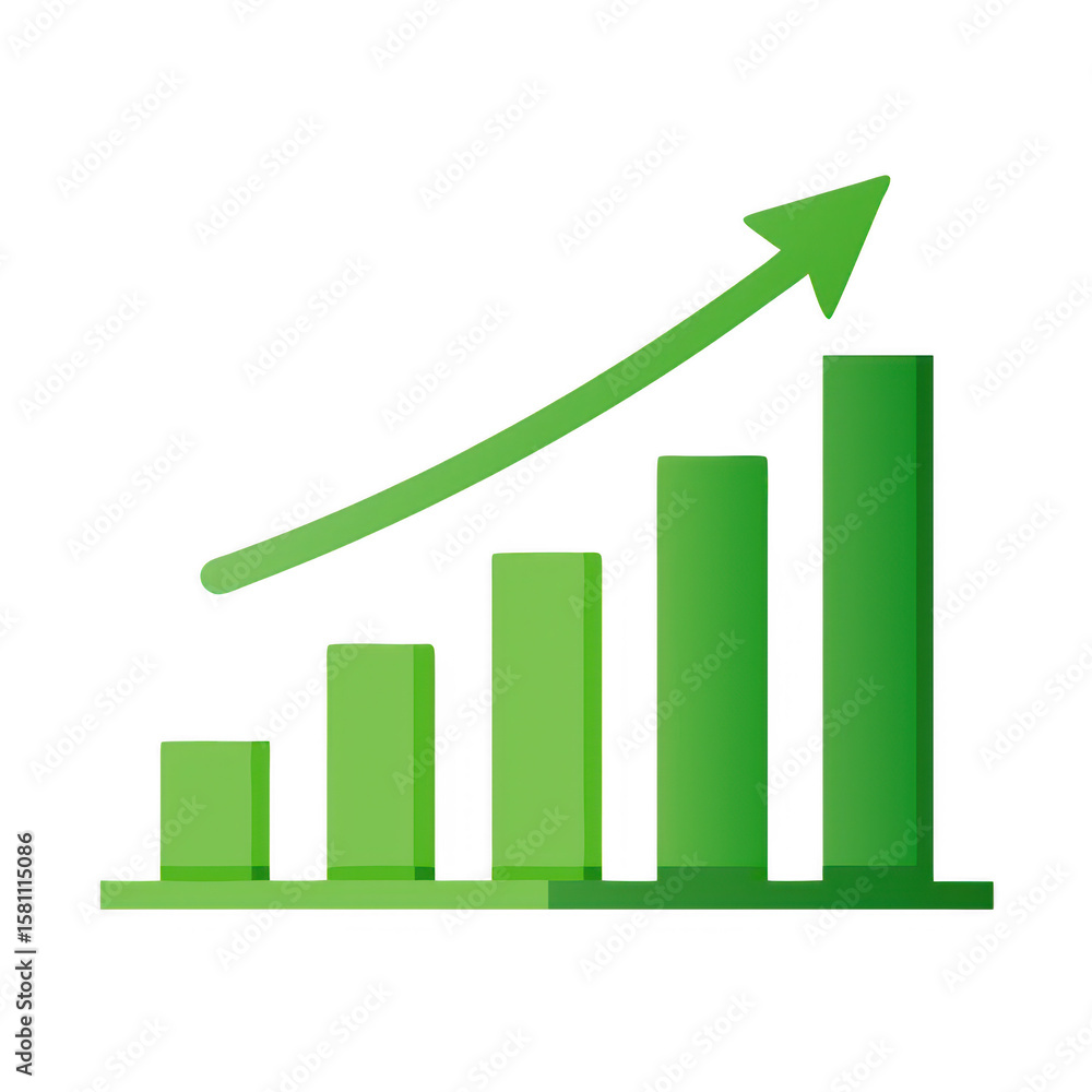Poster green bar graph with upward arrow on transparent background