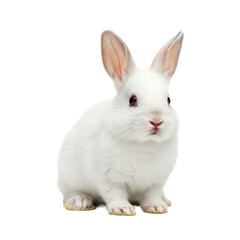 Fototapeta premium A young, fluffy white baby rabbit with pristine soft fur, large upright ears, and dark expressive eyes, seated calmly and looking forward on a clean white studio background with bright, shadowless