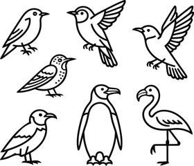 Collection of Six Line Art Birds: Penguin, Flamingo, and Various Songbirds; Minimalist Style