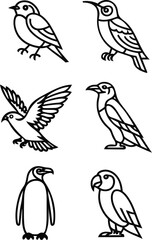 Six Minimalist Line Art Bird Illustrations: Penguin, Parrot, Hummingbird, Crow, Dove, and Robin.