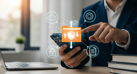 Businessman using smartphone with digital interface for data security and cloud management