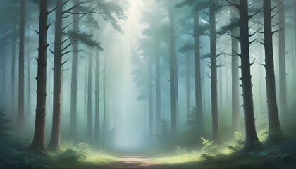 Ethereal forest bathed in sunlight, creating a mystical and dreamy atmosphere.