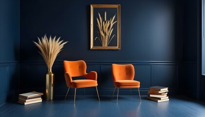 A stylish interior with two orange chairs, framed art, and blue walls creating a modern aesthetic.
