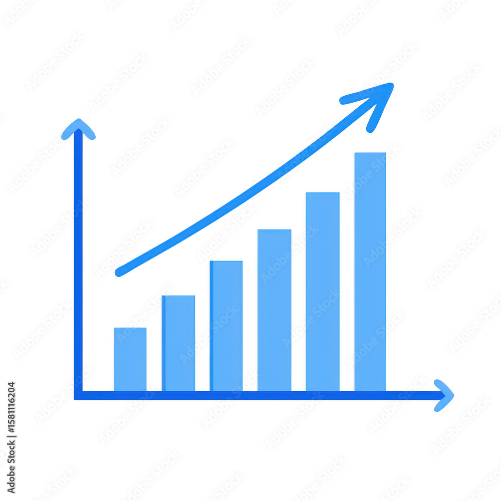 Poster blue bar graph with upward arrow on transparent background