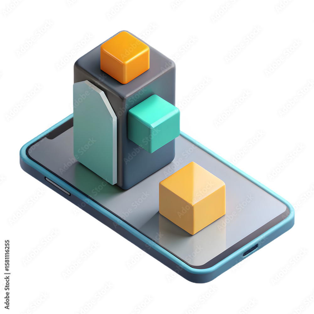 Poster abstract 3d geometric shapes arranged on a smartphone display isolated on transparent background