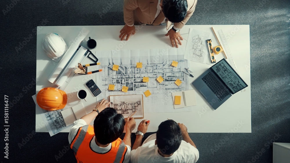 Poster top down aerial view of smart architect engineer team pointing and discussing about building constru