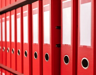 Rows of red file folders on shelves
