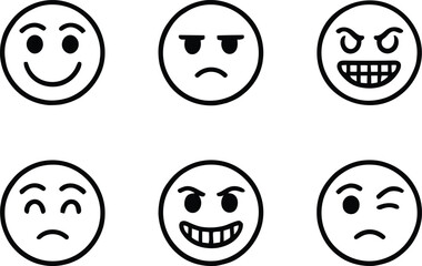 Six Bold Outline Emoticons: Happy, Annoyed, Angry, Sad, Evil, and Wry