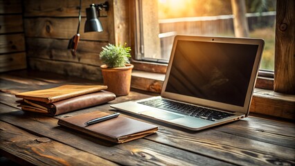 A laptop and notebooks are arranged on a rustic wooden desk by a sunlit window, creating a cozy workspace
